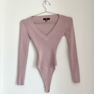 Rib Knit V Neck Bodysuit in Taupe - Small